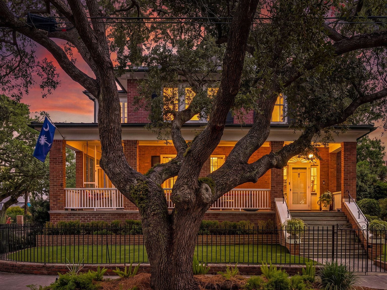 twilight front elevation beneath the live oak on South Battery